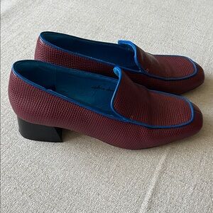 Burgundy loafers with cobalt trim